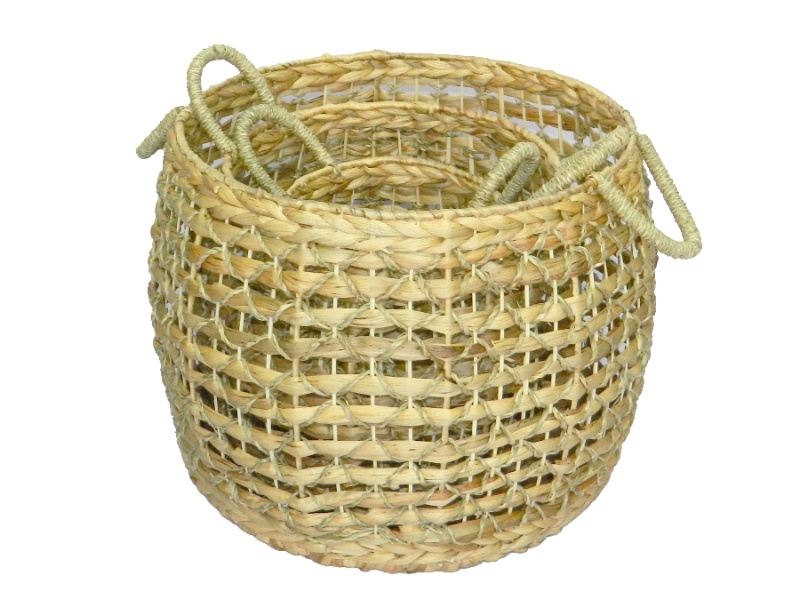 Superior Round Water Hyacinth Baskets with Handles - Open Weave Nesting Set